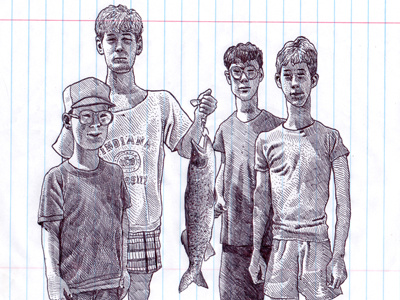 Boys Fishing ballpoint black white boys drawing fish fishing illustration ink kids line mario mario zucca notebook paper pen pen ink portrait trout zucca