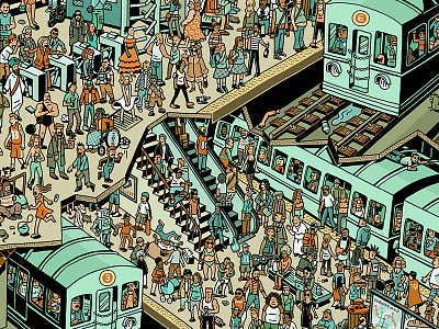 Subway Party city crowds drawing illustration ink mario zucca party pen platform subway train urban