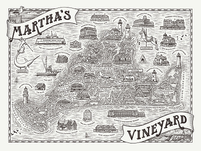 Marthas Vineyard Map black and white drawing illustration map maps marthas vineyard pen and ink