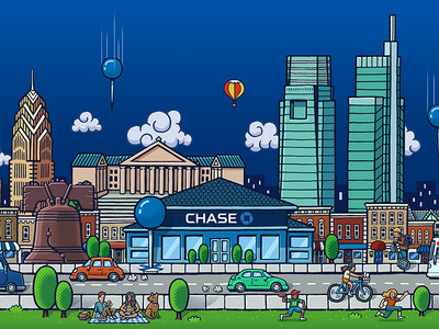 Chase Philly Environmental Graphics urban crowd city chase bank chase philadelphia philly environmental drawing zucca mario illustration