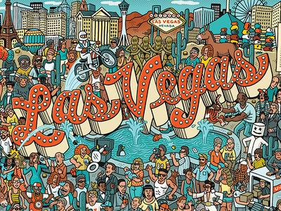 Las Vegas Party crowd drawing editorial illustration las vegas mario party wheres waldo zucca
