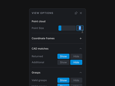 Options panel with active text input 3d detection button cursor dark theme minimalistic panel robotics setttings text input toolbar ui controls user interface uxui