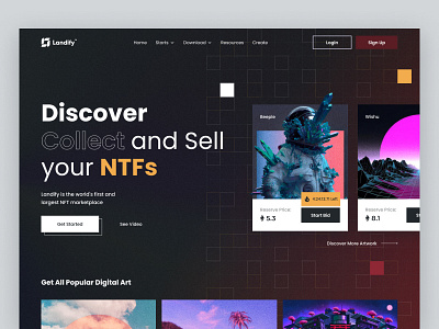 Landify - NFT Marketplace Landing Page app concept creative design digital dribbble experience figma header illustration interface logo marker nft product ui uidesign ux uxdesign webdesign