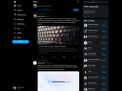 Twitter UI (Tailwind CSS + VueJS) code css frontend developer git html pixel perfect recreation sample tailwindcss twitter ui vuejs web