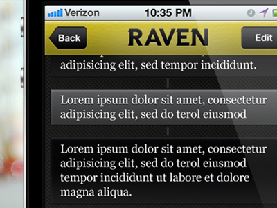 Raven app black design leather messaging metal ui ux yellow