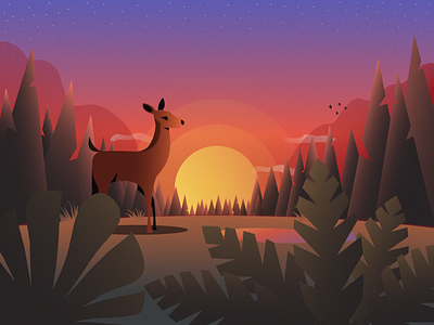 Forest sundown animal birds forest forests illustration landscape landscape illustration minimal plants sky skyline space stars steed tree trees vector woods