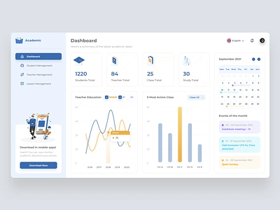 School Academic Dashboard academic branding cms darkmode dashboard design illustration logo mobile mobile design school ui ux vector