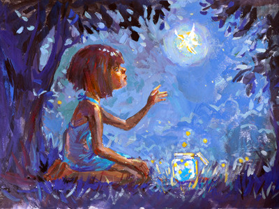 Firefly anime fairy firefly girl glass jar night painting star