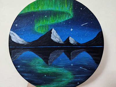 Aurora night acrylic acrylic painting aurora borealis canvas mountains night scene night sky northern lights norway painting water