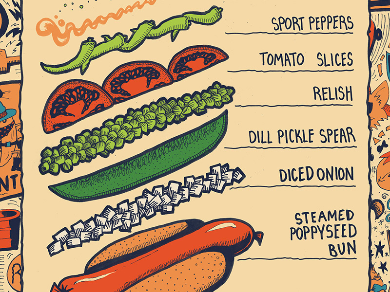 Chicago Dog hot dog denmark food americana ink pen recipe pattern branding party