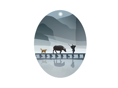 Bull bridge bull dog fog illustration illustrator landscape man mountain vector vector art vector illustration