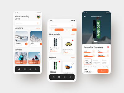 Snowboard Equipment Rental App app booking concept design interface light mobile rental ski ui ux