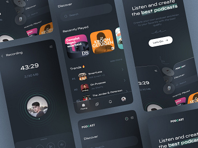 Podcast Platform-dark mode🔥 adobe android app application arman arman.uiux dark design figma minimal mode music oniex platform player podcast product record recorder ui