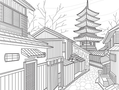 Old Japanes street design digitalart illustration illustrator lineart sketch
