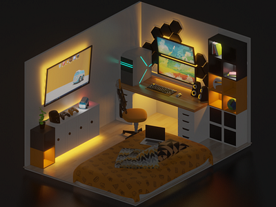 Cozy orange bedroom with pc gaming setups