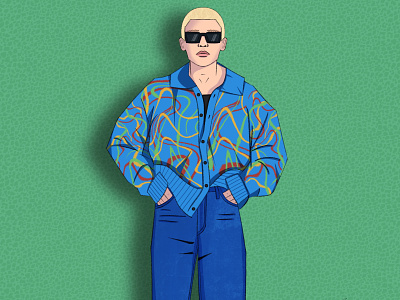 Outfit beauty blond hair blue boy cardigan design fashion graphic design green hot illustration jeans man procreate sunglasess