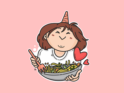 noodle loving girl cartoon illustration character design flat icon illustration logo minimal vector
