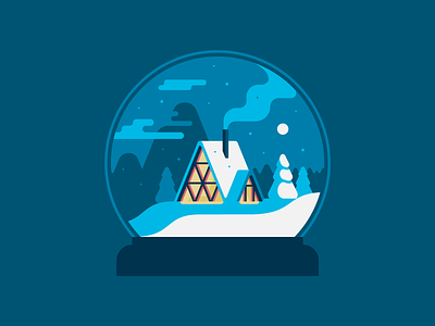 Cozy winter landscape in a snow globe christmas dark flat holiday house illustration landscape minimalist moon mountains nature night palette simple snow snow globe trees winter