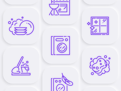 Neumorphic icons for cleaning products 3d blue cleaner cleaning dishwasher flat glass icon illustration laundry detergent minimalist neumorphic neumorphism outline products purple services simple washing machine