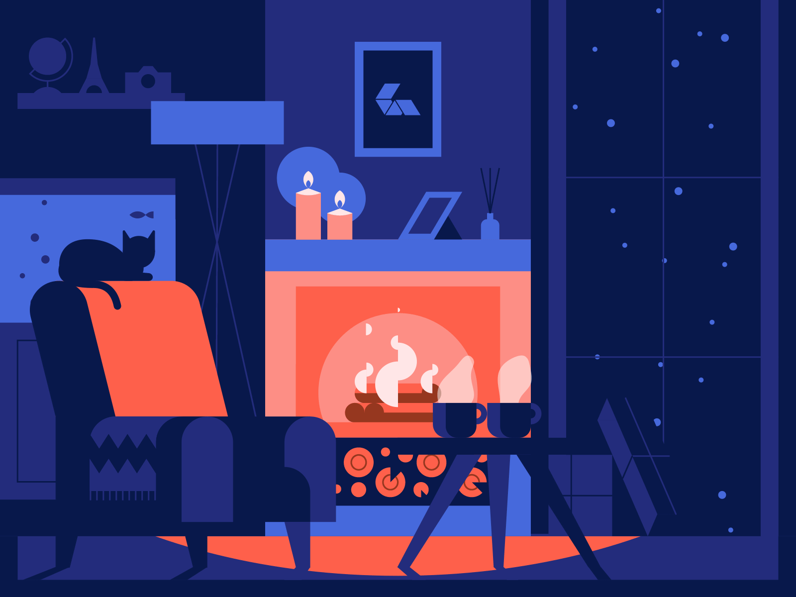 Cozy Christmas animation appartment blue christmas cozy fire fireplace flat gif illustration indoors inside minimalist simple snowing vector warmth