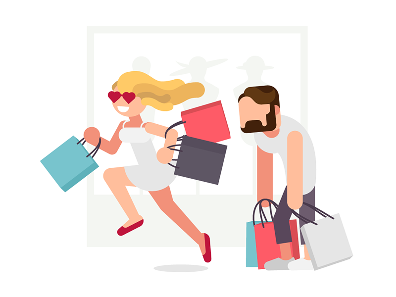 Shopping illustration people characters dress hair woman bags shopping mall colorful minimalist simple illustration
