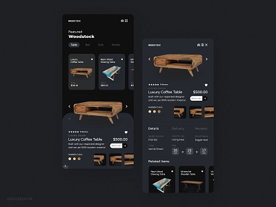 Woodstock app app design branding dark design ecommerce flat furniture minimal ps ui ux web website wood xd