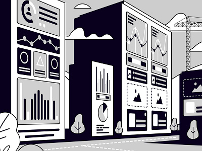 Black and white town illustration 1