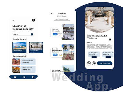 The Wedding Concept Finder | Mobile App app design blue and white booking app clean ui location app mobile design mobile ui simplistic ui design weddings