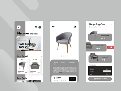 Furniture Ecommerce | Mobile App checkout page ecommerce app ecommerce design furniture app furniture store graydesign home screen mobile design mobile ui monochrome ui design