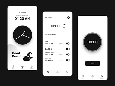 Alarm, Clock, Stopwatch | Mobile Apps alarm app app design clean ui clock clock app design mobile app design mobile design mobile ui monochrome stopwatch ui ui design