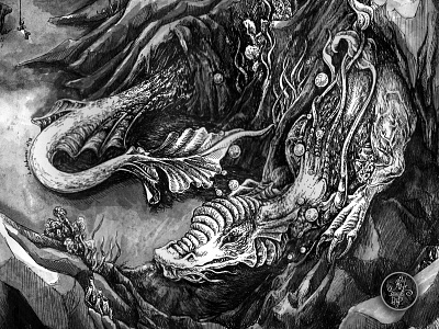 Underwater Beast art artwork black black and white dark fantasy dragon drawing fantasy hand drawn illustration ink logos