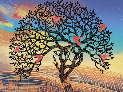 "Harmony Tree" by Masha Van for Intalence Art art digital art digital illustration drawing harmony idea nature sunset tree