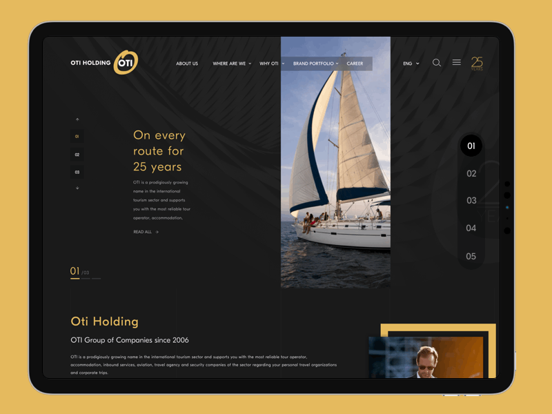 On every route for 25 years app animation black and gold clean corporate dark onepage oti scroll animation ui ux