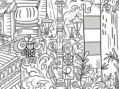 J & B Mural Closeup black and white hand drawn type illustration mural pattern