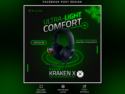 Razer Headphone Promotional Facebook Post Design Template