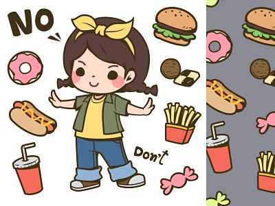 Cute girl and junk food alphabet candy cartoon character child cookies donut doughnut eat fast food french fries girl hot dog illustration junk food kawaii kawaii style kid screen wallpaper seamless pattern