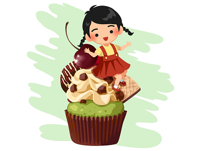 Cartoon illustration cheerful girl with cupcake cartoon character child cupcake cute design dessert girl illustration kawaii kid sweet sweetness vector