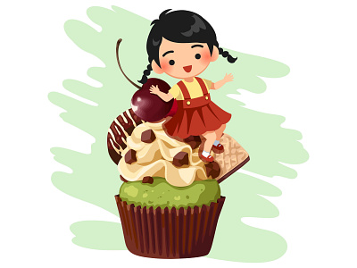 Cartoon illustration cheerful girl with cupcake