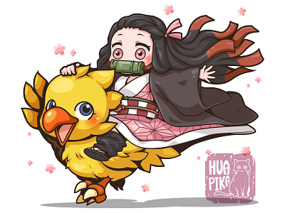 Fanart Chocobo Final Fantasy xNezuko Kimetsu no yaiba cartoon character cute fanart game girl illustration kawaii manga vector