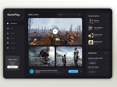 Game Dashboard Design adobe xd dashboard design figma game app game application game dashboard game play graphic template illustration landing page ui design ui kits uiux design war game web design website