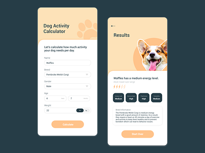 DAILY UI 004: Calculator | Dog Activity Calculator calculator daily ui dailyui dailyui004 dailyuichallenge dog dog app mobile pet pet app ui uidesign uiux ux