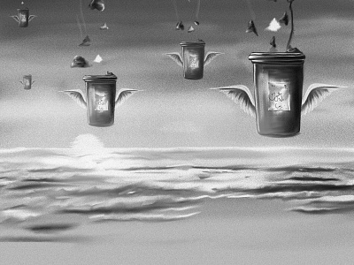Catch the garbage : Game art black and white design digital painting drawing dustbin game garbage grayom grayom.com illustration india life below water marine life ocean photoshop pollution save water surreal