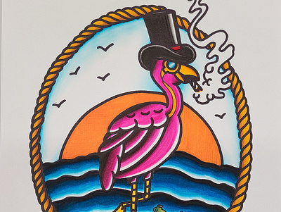 Smoking Flamingo art clothing brand design illustration ink tattoo tattoo art watercolor