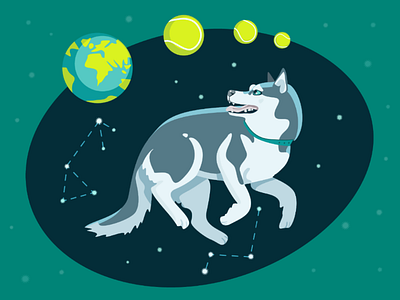 Center of the Universe astronomy cosmonaut digital art dog doggie earth green husky illustration illustrator outer space planets siberian husky space stars tennis ball univerce vector art vector illustration