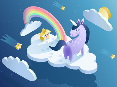 Over the rainbow art artwork clouds digital art illustrator isometric illustration isometry rainbow sky stars unicorn unicorns are real vector vector illustration