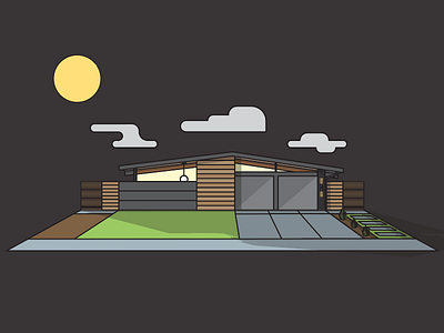 Dream MCM Home. building eichler home house illustration mcm mid century night