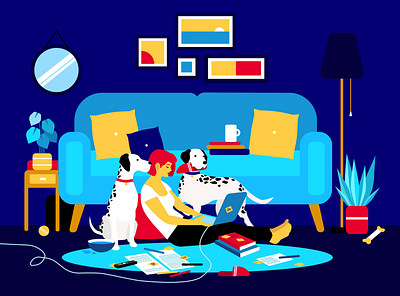 New colleagues 2d character colleagues colourful couch covid 19 design dog dog illustration home illustration illustration art isolation lockdown vector vector illustration video call