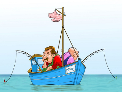 Fishermen boat design fishermen fishes funny character hobbies humans humorous illustration illustration art ocean sea vector