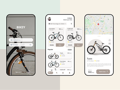 BIKEY - Bicycle Rental App bicycle bike booking clean clean design grey location maps mobile app mobile ui rent rental riding