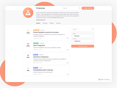 Prodcamp - Customer feedback management platform app branding customer feedback dashboard design management platform roadmap software user wishlist